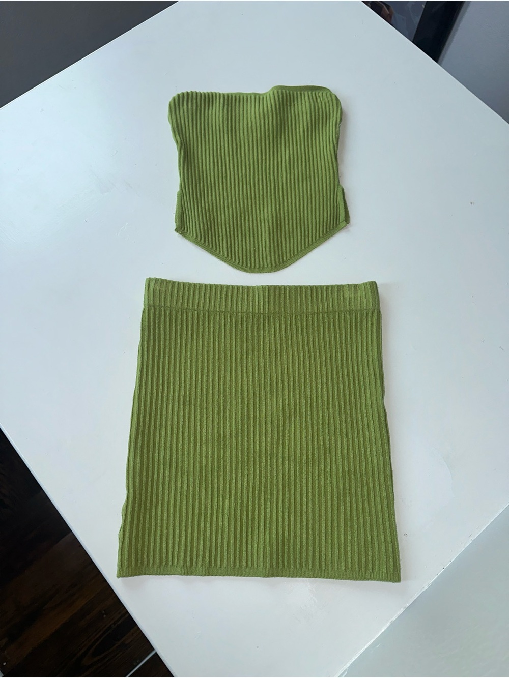 White Fox Boutique Olive Green Ribbed Mini Skirt Set